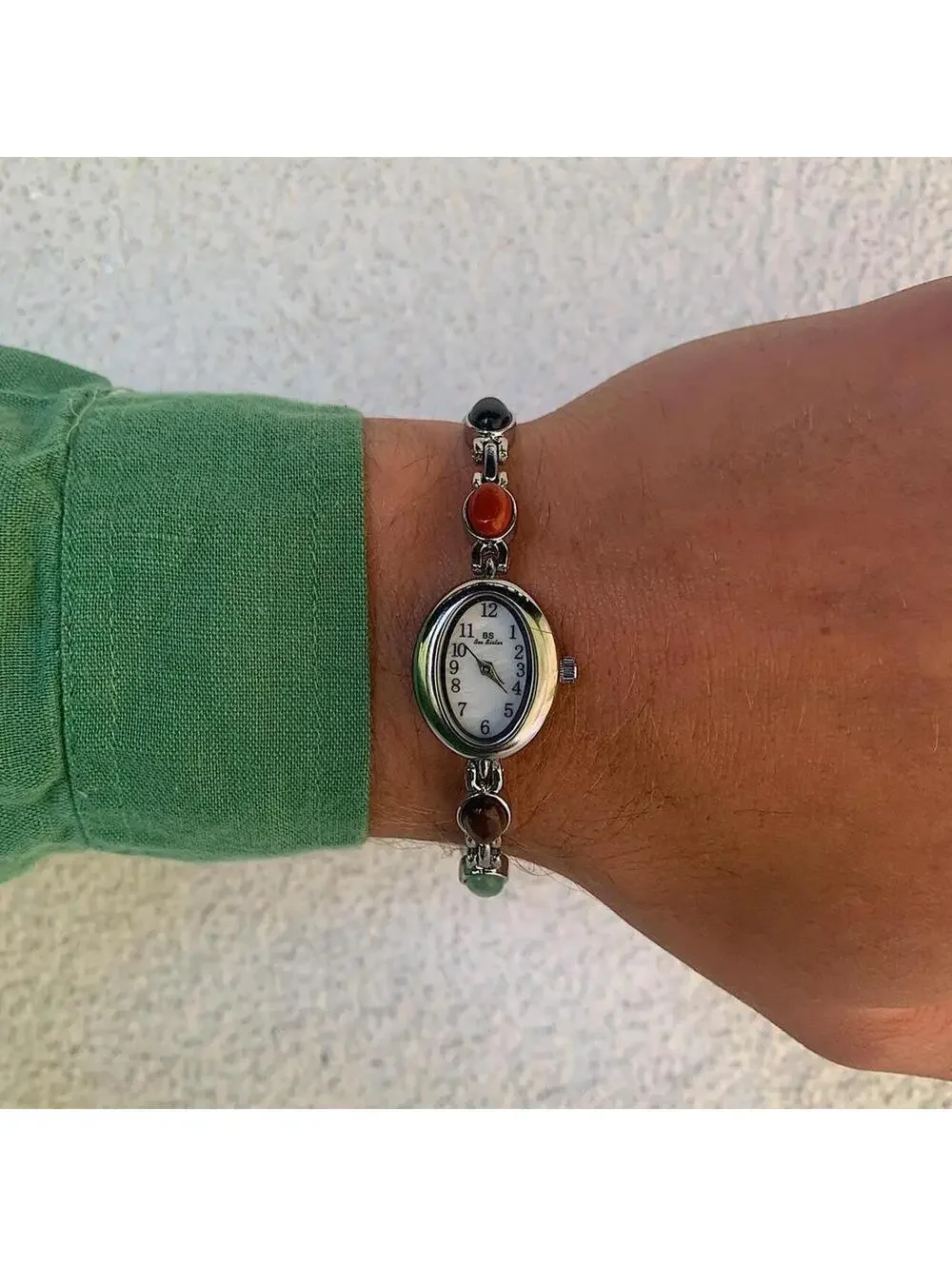 Y2k style silver tone quartz watch with glass multi color jade stone opal